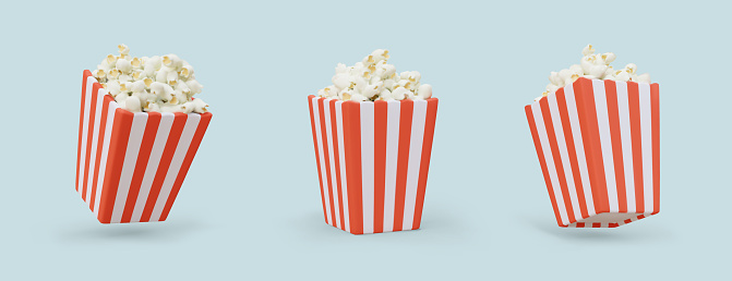 Striped square paper box with popcorn. Set of color realistic images. Classic fast food for cinema, movie. Snacks with different flavors. Vector image with shadows