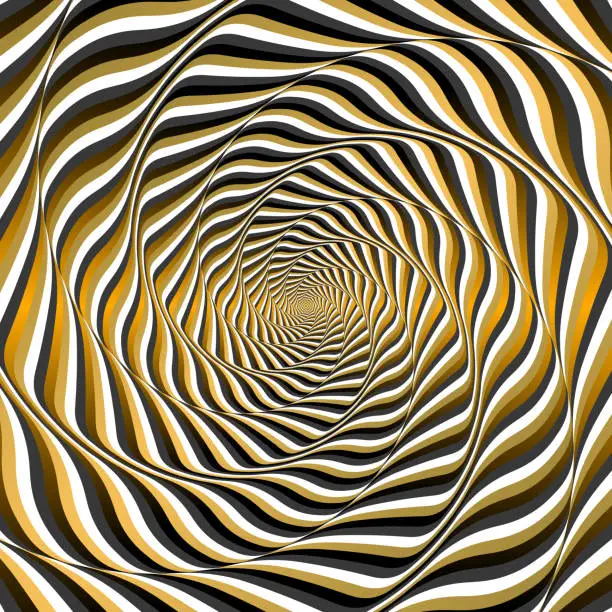 Vector illustration of Polygons with rounded corners. golden striped tunnel spinning and turning. 3D vector pattern, with reflections.