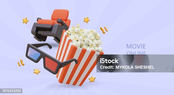 istock Movie online. Watching movie in comfortable conditions. Cinema chair, popcorn, anaglyph glasses 1576253202
