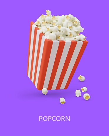 Square striped bucket filled with popcorn. Realistic image on purple background. Classic snack for cinema. Fast food with different tastes. Flyer template, social media ad