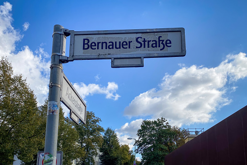 Berlin, Germany - October 13, 2021: Street sign Bernauer Strasse