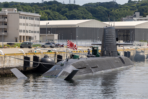 Yokosuka, Japan - May 25, 2023 : Japanese submarine at the Japan Maritime Self-Defense Force's base in Yokosuka, Kanagawa Prefecture, Japan.