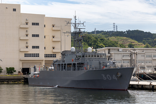 Yokosuka, Japan - May 25, 2023 : JS Awaji (MSO-304) at the Japan Maritime Self-Defense Force's base in Yokosuka, Kanagawa Prefecture, Japan.