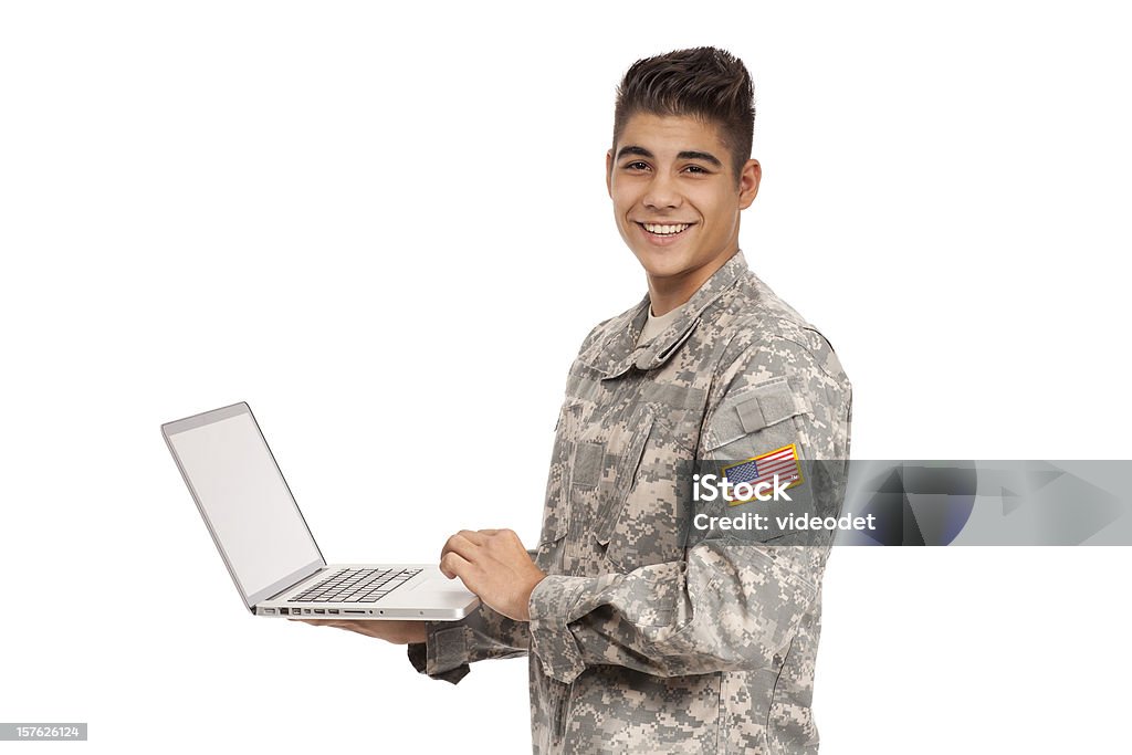 Lächeln Soldaten mit seinem laptop-computer - Lizenzfrei Blick in die Kamera Stock-Foto