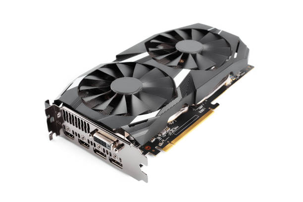 istock Computer graphic card with two fans. Video card with two coolers from the computer. GPU card. IT hardware. Crypto currency mining rig with graphics cards. Mining ethereum, bitcoin and altcoins. 1576261738