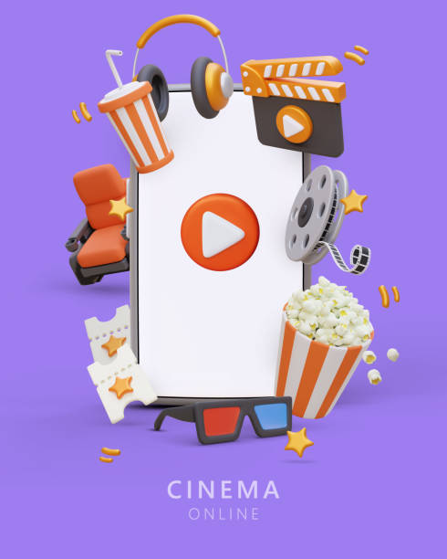 istock Cinema online. Bright poster with frame of 3D elements. Huge smartphone with empty screen 1576268364