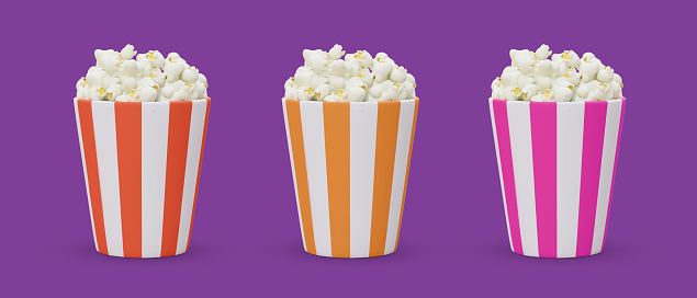 Realistic paper striped cups filled with popcorn. Vector objects of different colors. Set of isolated images with shadows. Illustrations for advertising snacks with different flavors