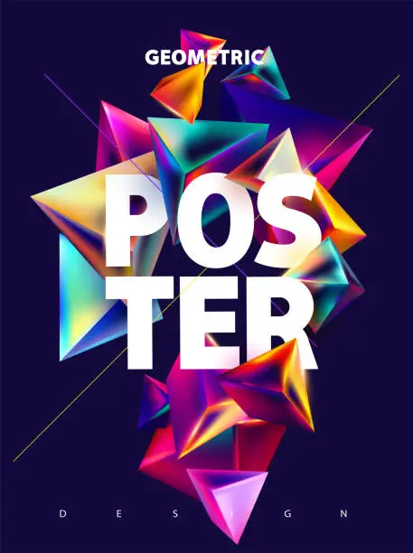 Vector illustration of Abstract geometric poster template. Colored 3D glass pyramids with big white typography.