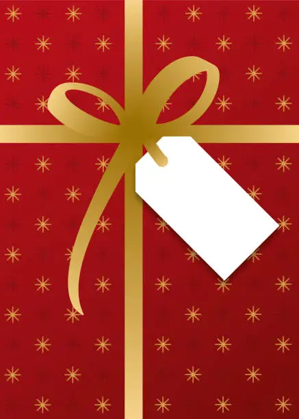 Vector illustration of Christmas Gift box with blank Tag and Golden Bow.