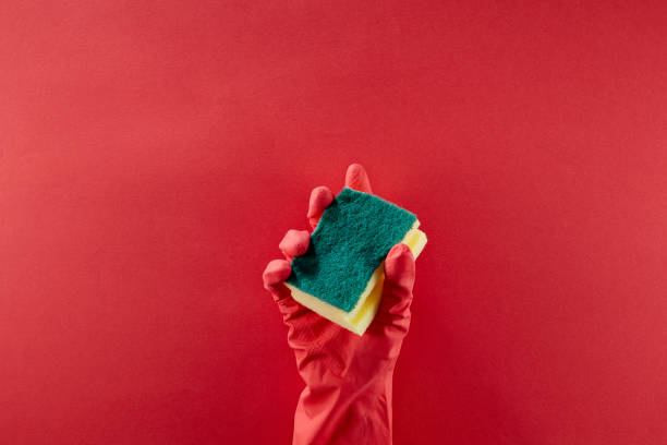 istock Hand Keeping Cleaning Sponge Over Red Background 1576320255
