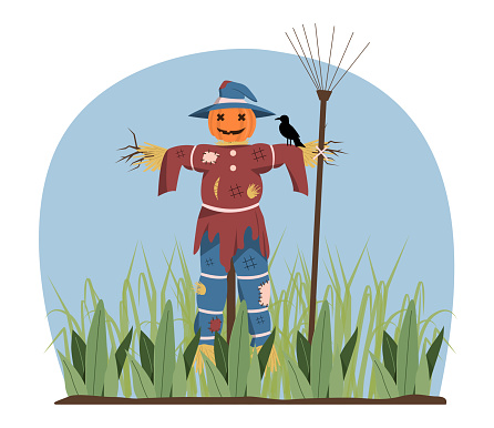 Scarecrow with pumpkin concept. Farming and agriculture, village with crows. Crop protection from birds. Scary sculptures with rake for garden. Cartoon flat vector illustration