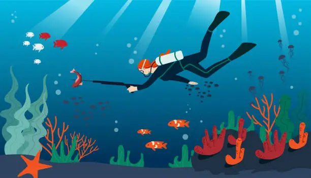 Vector illustration of Underwater hunting vector concept