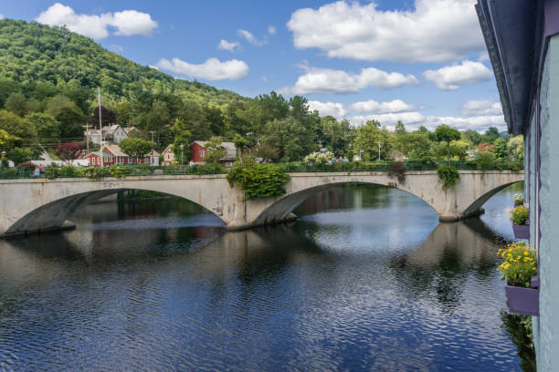 View of the picturesque town of Shelburne Falls, Massachusetts and it's scenic Bridge of Flowers.