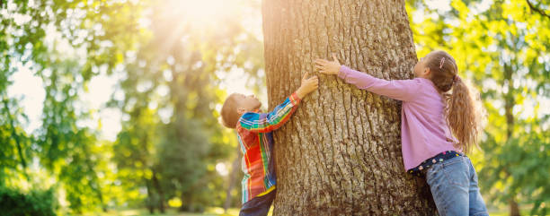 istock Boy and girl touching tree trunk in the natural park. 1576352324