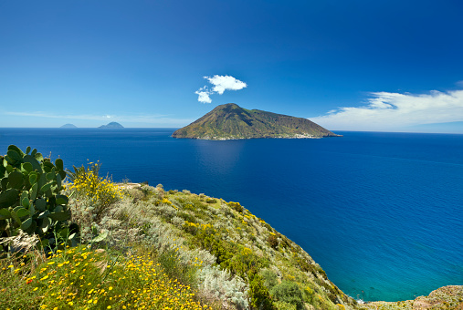 View from Lipari island on Salina, Filicudi and Alicudi islands.