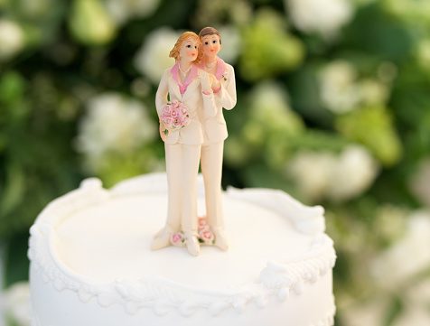 Wedding cake with couple figurines against white background