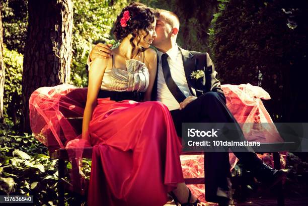 Lovers In Nature Stock Photo - Download Image Now - Evening Gown, Kissing, Men