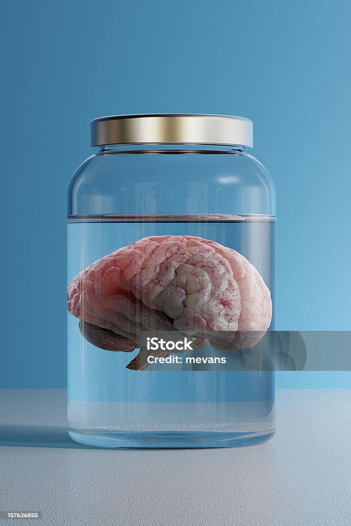 Brain in a Jar A brain in specimen jar against a blue background. Very high resolution 3D render. Jar Stock Photo