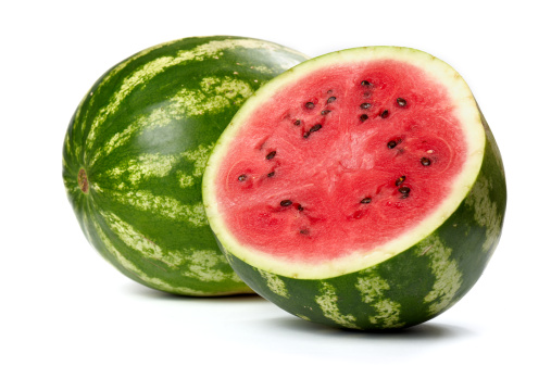 The whole body of fresh watermelon, side view, isolated the whole watermelon on white background.