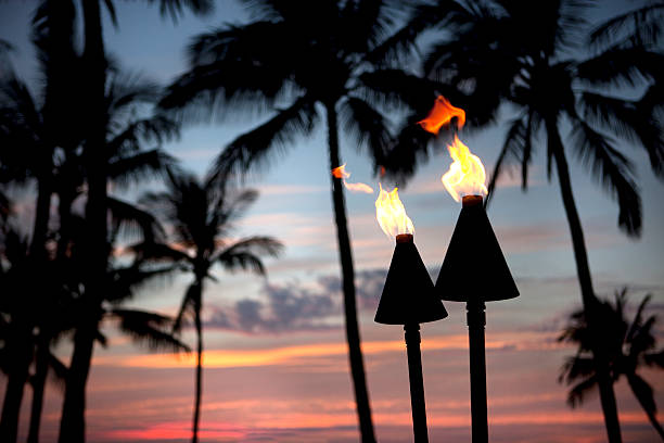 Tiki Torch Flames At Sunset  tiki torch stock pictures, royalty-free photos & images