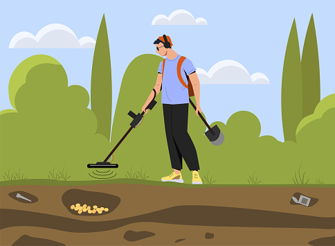 Man with metal detector concept. Young guy outdoor searching and looking for fossils. Character near golden treasure. Archeology and geology worker. Cartoon flat vector illustration