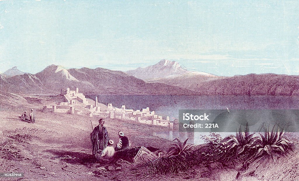 Antique book illustration: The Sea of Galilee and Mount Hermon  Lake Tiberias stock illustration