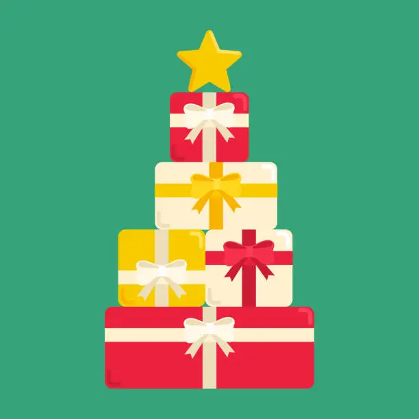 Vector illustration of Christmas tree with stacked gift packages. New year concepts