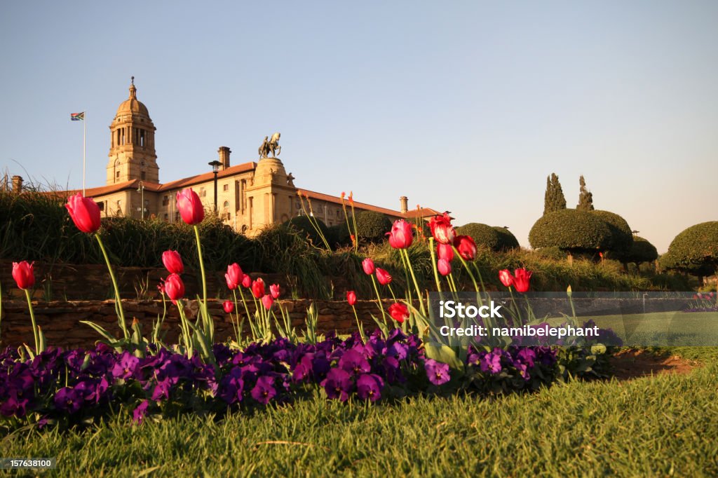 Enormous Union building secluded in field with tulips union building and monument in Pretoria, South Africa - picture taken with late afternoon sun with tulips in the front Pretoria Stock Photo