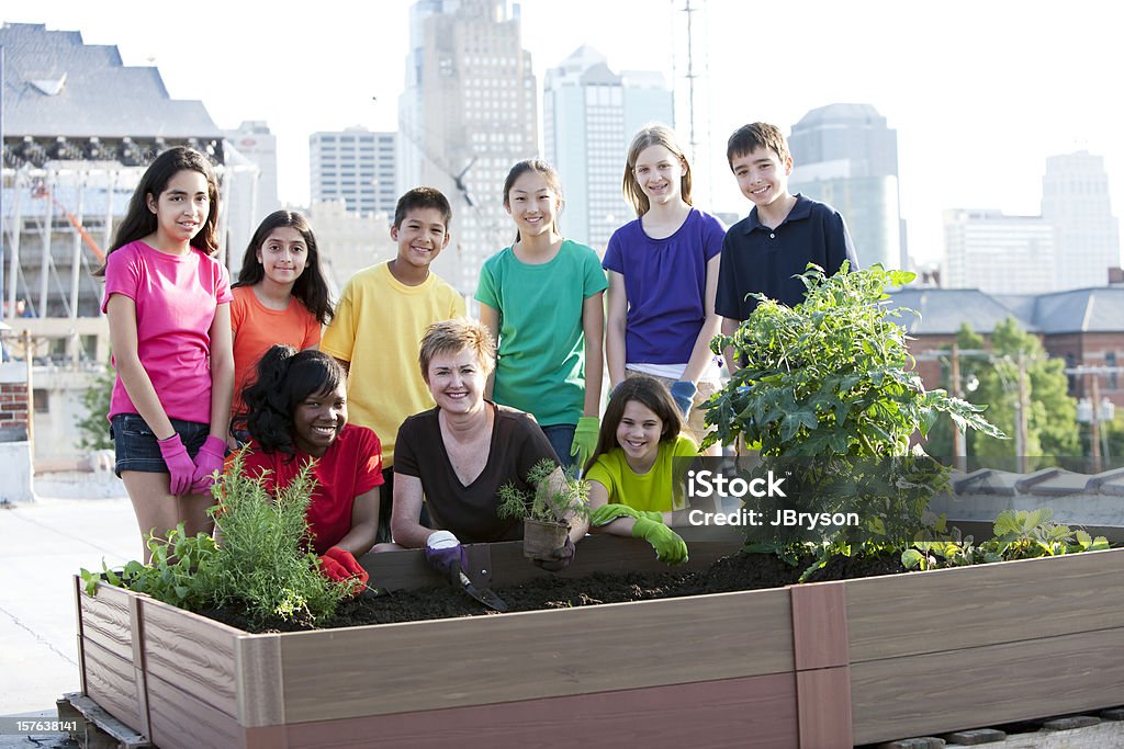 Перейти Зеленый: Городской сад на крыше Planted by этнически многообразных детей - Стоковые фото 12-13 лет роялти-фри