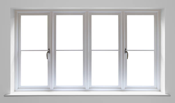white wooden window very high quality manufactured wooden window frames with double glazed units set in a recess surrounded by a light grey wall.  window latch stock pictures, royalty-free photos & images