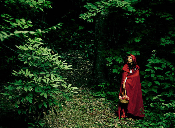 not so Little Red Riding Hood lost in the forest, looking over her shoulder worried about a predator