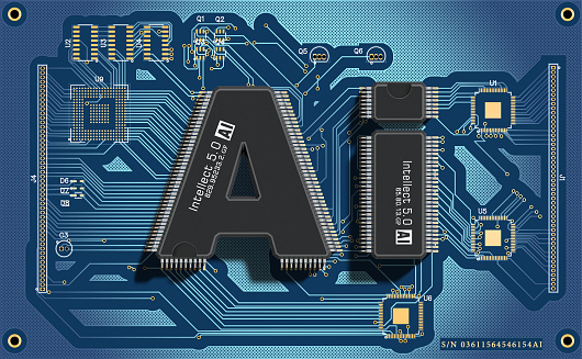 Two microchips in the form of the letters AI on an electronic board. Concept of Artificial Intelligence. 3d render.
