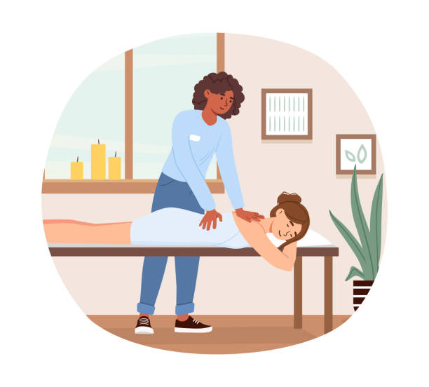 ilustrações de stock, clip art, desenhos animados e ícones de woman with client at massage vector concept - massage table