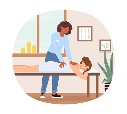Woman with client at massage concept. Young girl at beauty treatments and procedures inside SPA salon. Relaxation and wellbeing, rest. Comfort and coziness. Cartoon flat vector illustration