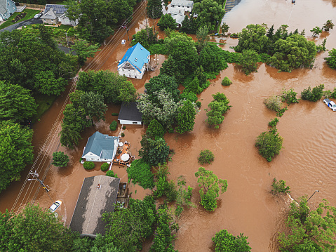 Aerial view of homes flooded by record breaking rainfall.