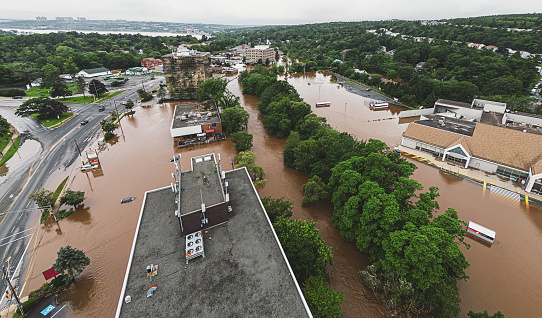 Aerial view of a flooded supermarket  & businesses after record breaking rainfall.
