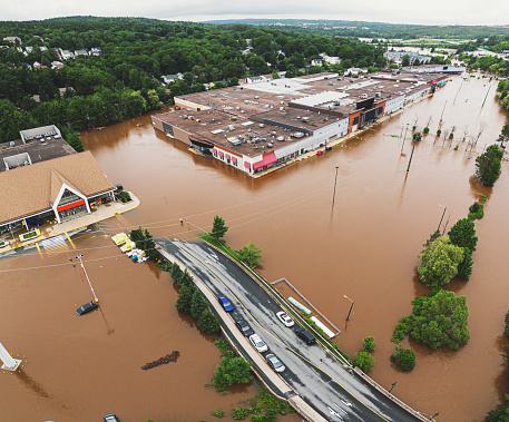 Aerial view of a flooded shopping mall after record breaking rainfall.