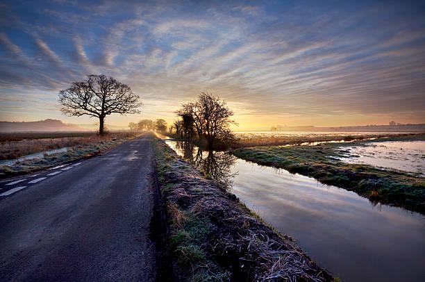 The edge of a frozen lake in the light of sunrise in winter, oostvaardersveld, almere, flevoland, netherlands, February 3, 2025