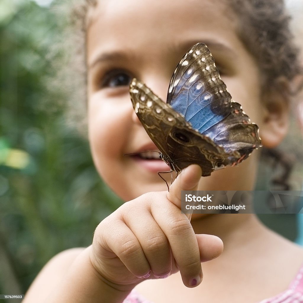 Kind Holding Schmetterling Gepunktete Holz (Pararge aegeria - Lizenzfrei Schmetterling Stock-Foto