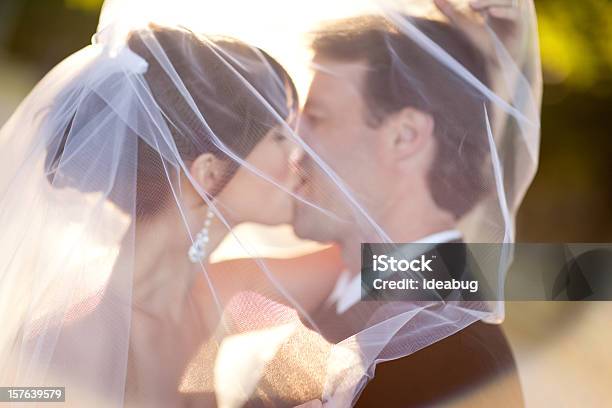 Felice Sorridente Sposa E Lo Sposo Baciare Dietro Il Velo Da Sposa - Fotografie stock e altre immagini di Sposa