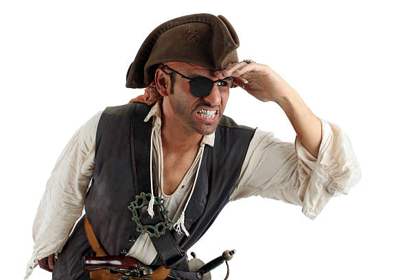 Pirate Searching Pirate looking and searching. Isolated on white. pirate criminal stock pictures, royalty-free photos & images