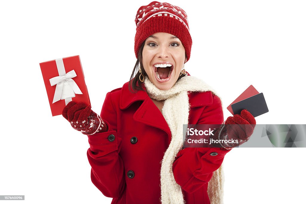Belle jeune femme avec des cartes-cadeaux et coffret - Photo de Noël libre de droits