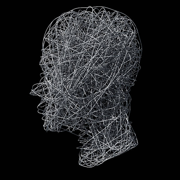 Head made out of wires on black background stock photo