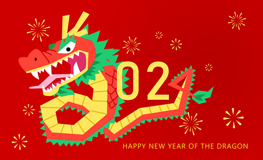 Happy year of the dragon 2024 greetings card design. Funny face flying dragon forming the numbers 2024. Fireworks decorative background
