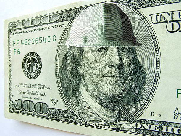 Ben Franklin Wearing Construction Hard Hat One Hundred Dollar Bill stock photo