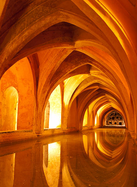 퀸 베드 개 욕실 알카자 내륙발, 세빌랴 스페인 - seville alcazar palace sevilla arch 뉴스 사진 이미지
