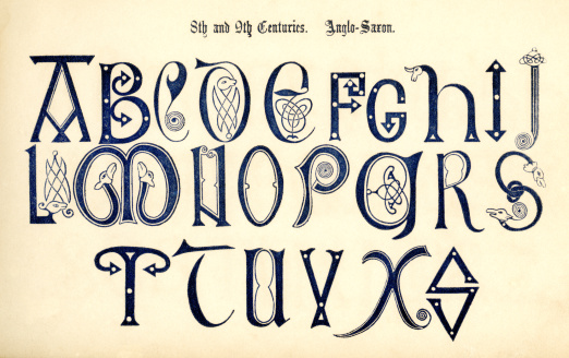 An example of 8th-9th century Anglo-Saxon lettering from 'The Book of Ornamental Alphabets: Ancient & Medieval' by F.G. Delamotte, published by E. & F.N. Spon, London, in 1879. (Now in the public domain.)