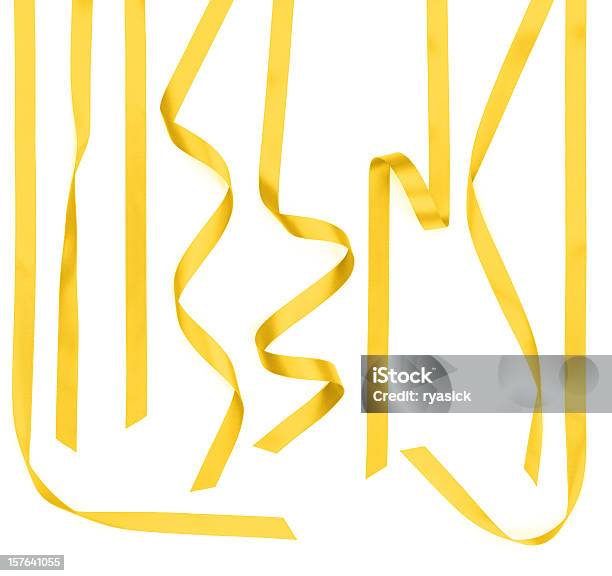 노란색 곧음 꼬불한 나비매듭 새틴 리본상 스트립 흰색 바탕에 그림자와 리본에 대한 스톡 사진 및 기타 이미지 - 리본, 노랑, 나비매듭