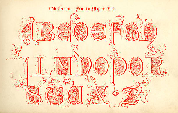 12 век» от mazarin библия - ornate text medieval illuminated letter engraved image stock illustrations