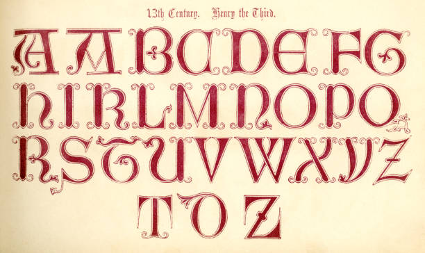 на английском языке 13 века», разгула henry iii - ornate text medieval illuminated letter engraved image stock illustrations